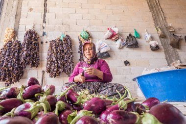 Kimliği belirsiz bir kadın sun,Gaziantep,Turkey.03 sürecinde Eylül 2016 kurutma için patlıcan keser