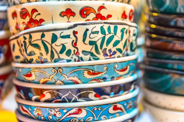 Collection Traditional Turkish Ceramic Bowls Painted Islamic Symbols Art Sale — Stock Photo, Image