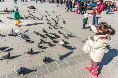 Istanbul/Türkiye-Aralık 24,2016: Yeni Camii (Yeni Camii) güvercinlerin tanımlanamayan Çocuk besleme. Yeni Camii İstanbul ' da bulunan 1665, tamamlanmış bir Osmanlı imparatorluk camiidir.