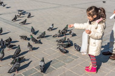 Istanbul/Türkiye-Aralık 24,2016: Yeni Camii (Yeni Camii) güvercinlerin tanımlanamayan Çocuk besleme. Yeni Camii İstanbul ' da bulunan 1665, tamamlanmış bir Osmanlı imparatorluk camiidir.