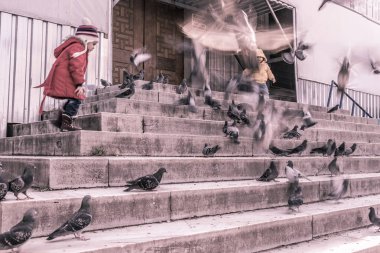 Istanbul/Türkiye-Aralık 24,2016: Yeni Camii (Yeni Camii) güvercinlerin tanımlanamayan Çocuk besleme. Yeni Camii İstanbul ' da bulunan 1665, tamamlanmış bir Osmanlı imparatorluk camiidir.