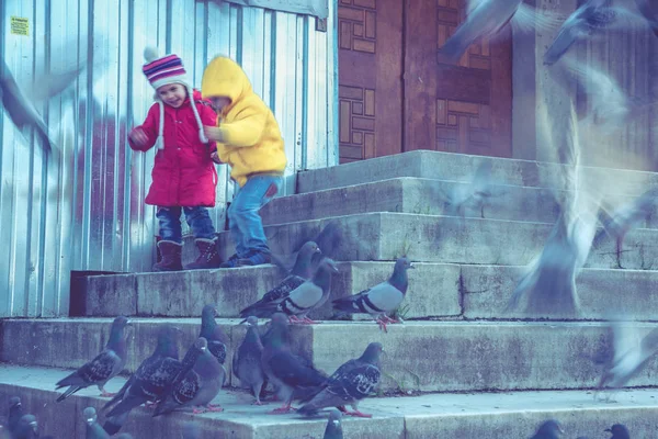 Istanbul Turkey December 2016 Unidentified Children Feed Pigeons New Mosque — Stock Photo, Image