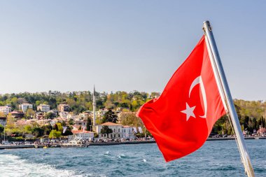 Boğaz, sahil ve deniz rüzgar, Beykoz Istanbul, Türkiye'de Türk bayrağı ile feribotuna defne görünümünü