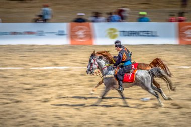 Kostümleri kimliği belirsiz kişi eski geleneksel Türk oyun oynuyor: cirit veya atarak ata sporu cirit (cirit) 28 Ağustos 2016 yılında Istanbul, Türkiye - sopa