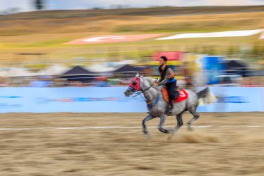 Kostümleri kimliği belirsiz kişi eski geleneksel Türk oyun oynuyor: cirit veya atarak ata sporu cirit (cirit) 28 Ağustos 2016 yılında Istanbul, Türkiye - sopa
