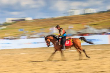 Kostümleri kimliği belirsiz kişi eski geleneksel Türk oyun oynuyor: cirit veya atarak ata sporu cirit (cirit) 28 Ağustos 2016 yılında Istanbul, Türkiye - sopa