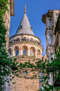 Kimliği belirsiz kişi Galata Kulesi, Beyoğlu, Istanbul.29 Nisan 2018 yılında bir ortaçağ ünlü dönüm noktası taş kule mimari üstündeki tadını çıkarın
