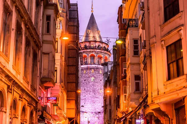 Night View Old Narrow Street Galata Tower Turkish Galata Kulesi — Stock Photo, Image