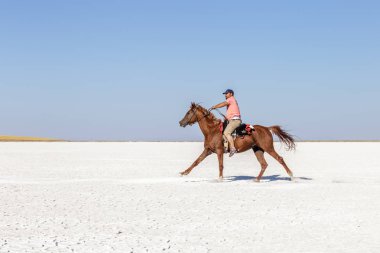 Kimliği belirsiz temiz mavi gökyüzü ile Orta Anadolu'da bulunan Tuz Gölü, ata biniyor. Aksaray,Turkey.24 Temmuz 2016