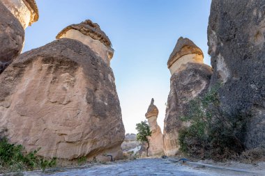 Kapadokya Peri masalı bacalar Kapadokya'nın sıcak hava balonları ile uçmak için bir en iyi yerlerden nin büyük turistik mavi gökyüzünde arka plan üzerinde. Göreme, Kapadokya