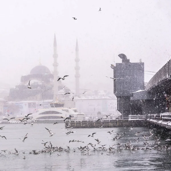 Turkey Istanbul January 2017 Heaviest Snowfall Bul Galata Bridge New — стоковое фото