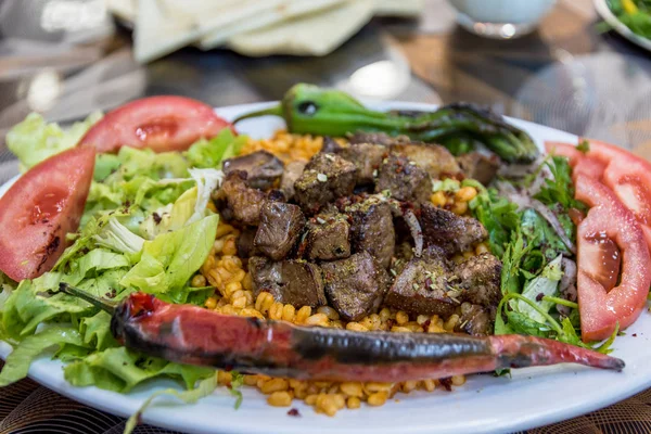 Close Detailed View Grilled Delicious Liver Turkish Shish Kebab Served — Stock Photo, Image