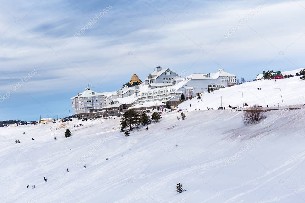 View of Mountain ski resort hotels with snow in Uludag that is populer winter vacation center in Turkey.