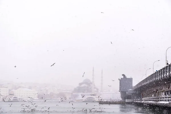 Turkey Istanbul January 2017 Heaviest Snowfall Bul Galata Bridge New — стоковое фото