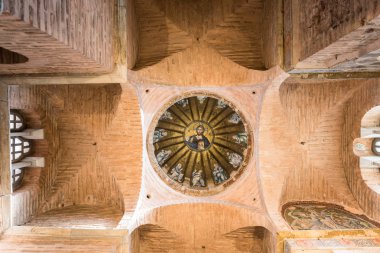 Interior panoramic view of central dome of the Pammakaristos Church depicting Jesus Pantocrator and apostles at Fethiye Camii in Carsamba vicinity of Fatih county of Istanbul,Turkey.15 October,2017 clipart