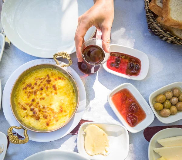 Vue Dessus Petit Déjeuner Turc Traditionnel Avec Différents Aliments Sur — Photo