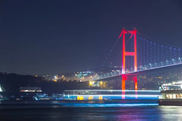 Night view of 15 July Martyrs Bridge or unofficially Bosphorus Bridge also called First Bridge over bosphorus in Istanbul,Turkey.03 January 2018