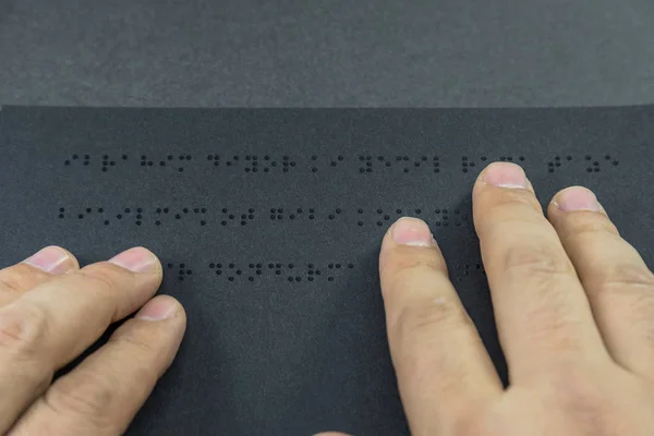 Top View Hand Blind Person Reading Book Written Braille Alphabet — Fotografia de Stock