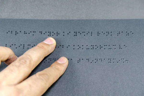 Top View Hand Blind Person Reading Book Written Braille Alphabet — Fotografia de Stock