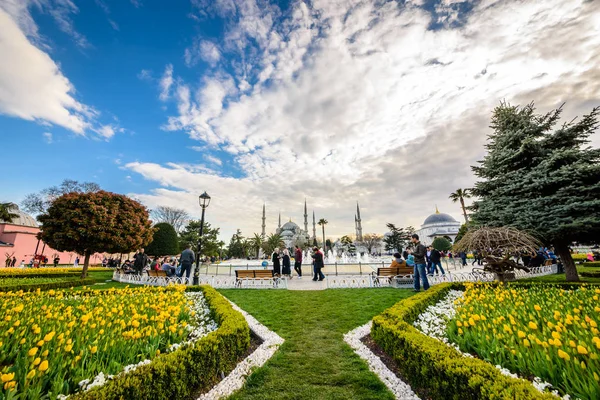 スルタンアフメット広場で伝統的なチューリップ祭公園 背景のスルタン アフメット Camii ブルー モスク のビューと Foreground Tourists のカラフルなチューリップを訪問し — ストック写真