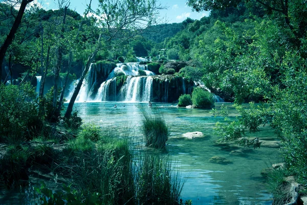 Turisták Úszni Vízesés Skradinski Buk Krka Nemzeti Parkban Horvát Nemzeti — Stock Fotó