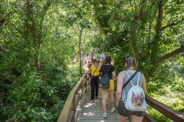Kimliği belirsiz insanlar yürümek ve Milli Park Krka keşfetmek, Sibenik, Hırvatistan, Hırvat Milli Parklar biri 27 Mayıs 2017