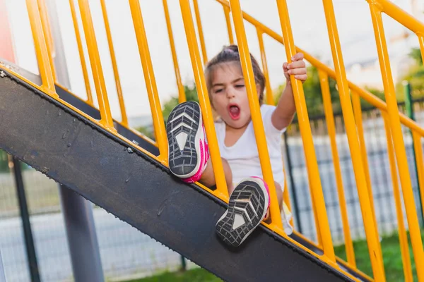 Leg Cute Little Girl Child Stuck Out Metallic Stairs Bars — Stock Photo, Image