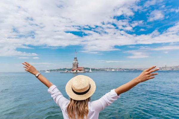 Back View Beautiful Woman Standing Looking Maiden Tower Popular Destination — стоковое фото