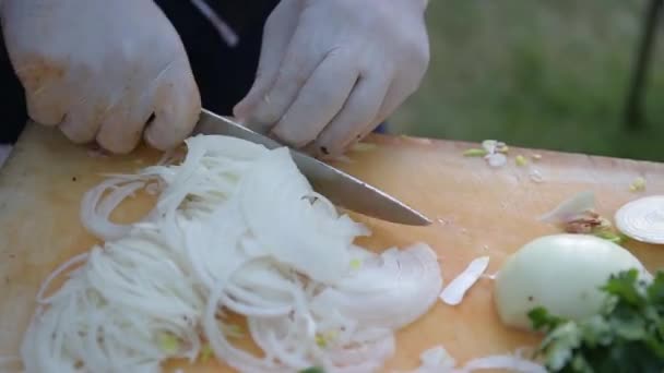 Homem Mão Preparando Tradicional Delicioso Peru Shish Kebab Espeto Feito — Vídeo de Stock