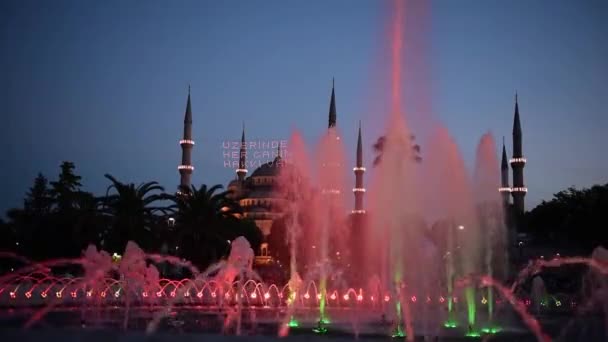 Natt Utsikt Över Sultanahmet Moskén Med Fontän Förgrunden Sultanahmet Park — Stockvideo