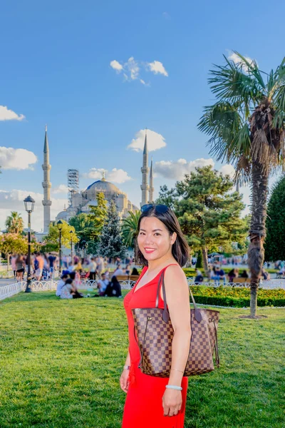 Mooie Vrouw Vormt Met Uitzicht Sultanahmet Blauwe Moskee Achtergrond Istanboel — Stockfoto