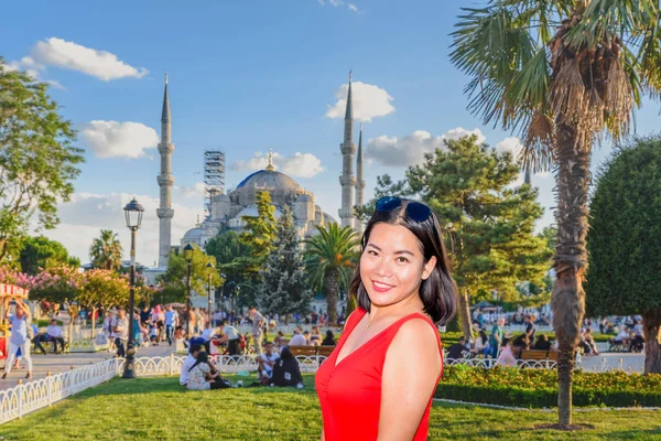 Mooie Vrouw Vormt Met Uitzicht Sultanahmet Blauwe Moskee Achtergrond Istanboel — Stockfoto