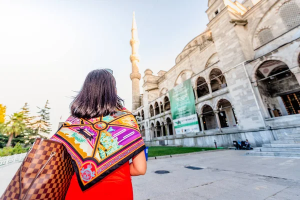Mooie Vrouw Vormt Met Uitzicht Sultanahmet Blauwe Moskee Achtergrond Istanboel — Stockfoto