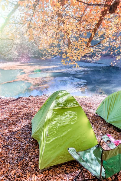 Camping Tents Nature Background Morning Scenic View Lake Forest Pine — Stock Photo, Image