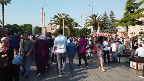 Pessoas Uniformizadas Caminham Sultanahmet Park Onde Mesquita Azul Mesquita Sultan — Vídeo de Stock