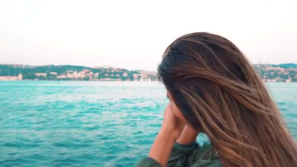 Slow Motion Beautiful Young Girl Takes Picture While Having Boat — Stock Video