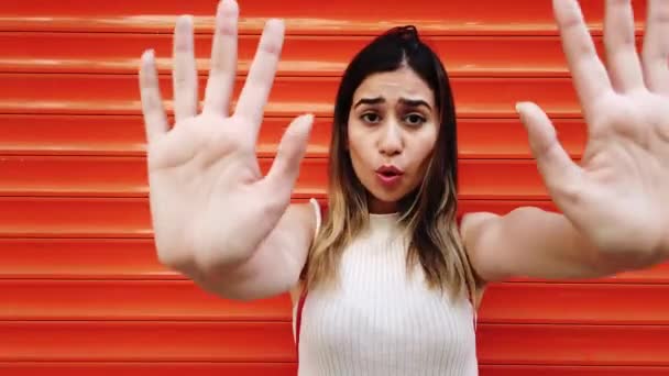 Beautiful Young Girl Shows Her Denial Her Hand Gesture — Stock Video