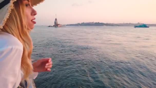 Beautiful Girl Enjoys Sunset View Bosphorus View Maiden Tower Background — Stock Video