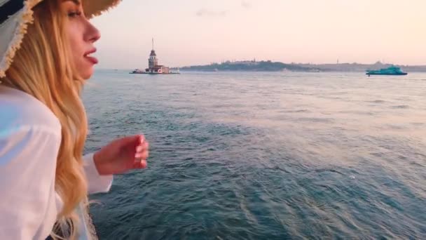 Slow Motion Beautiful Girl Enjoys Sunset View Bosphorus View Maiden — стоковое видео