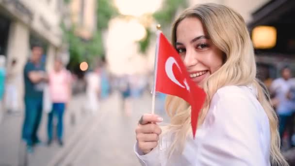 Slow Motion Attractive Young Beautiful Girl Waves Turkish Flag Pulls — Stock Video