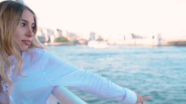 Slow Motion Beautiful Girl Enjoys Moment While Cruising View Sea — Stock Video