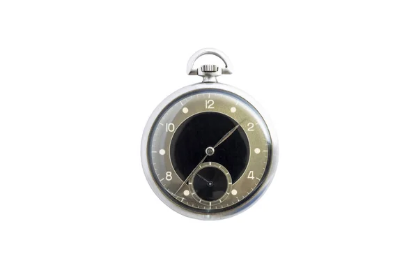 Closeup Beautiful Retro Style Black Silver Pocket Watch Isolated White — Stock Photo, Image