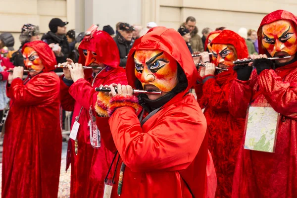 Steinenberg Basileia Suíça Fevereiro 2018 Close Participantes Carnaval Trajes Vermelhos — Fotografia de Stock