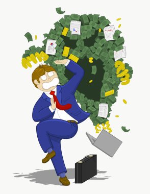 Açgözlülük, spekülasyon, kendine fazla güvenme, Menkul Kıymetler Borsası kriz, risk ve kriz temsil eden bir yeşil para canavardan elle çizilmiş karikatür tarzı vektör çizim bir iş adamı korkuttu