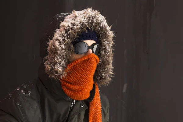 Portrait Single Male Winter Adventurer Wearing Warm Green Coat Fur — Stock Photo, Image