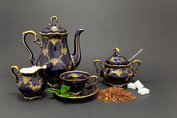 Still Life Cobalt Blue Vintage Porcelain Tea Set Spoon Sugar — Stock Photo, Image