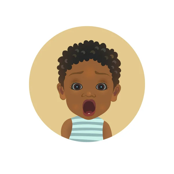 Cute shocked Afro American baby emoticon. Scared African child emoji. Afraid toddler smiley. Frightened facial expression avatar.