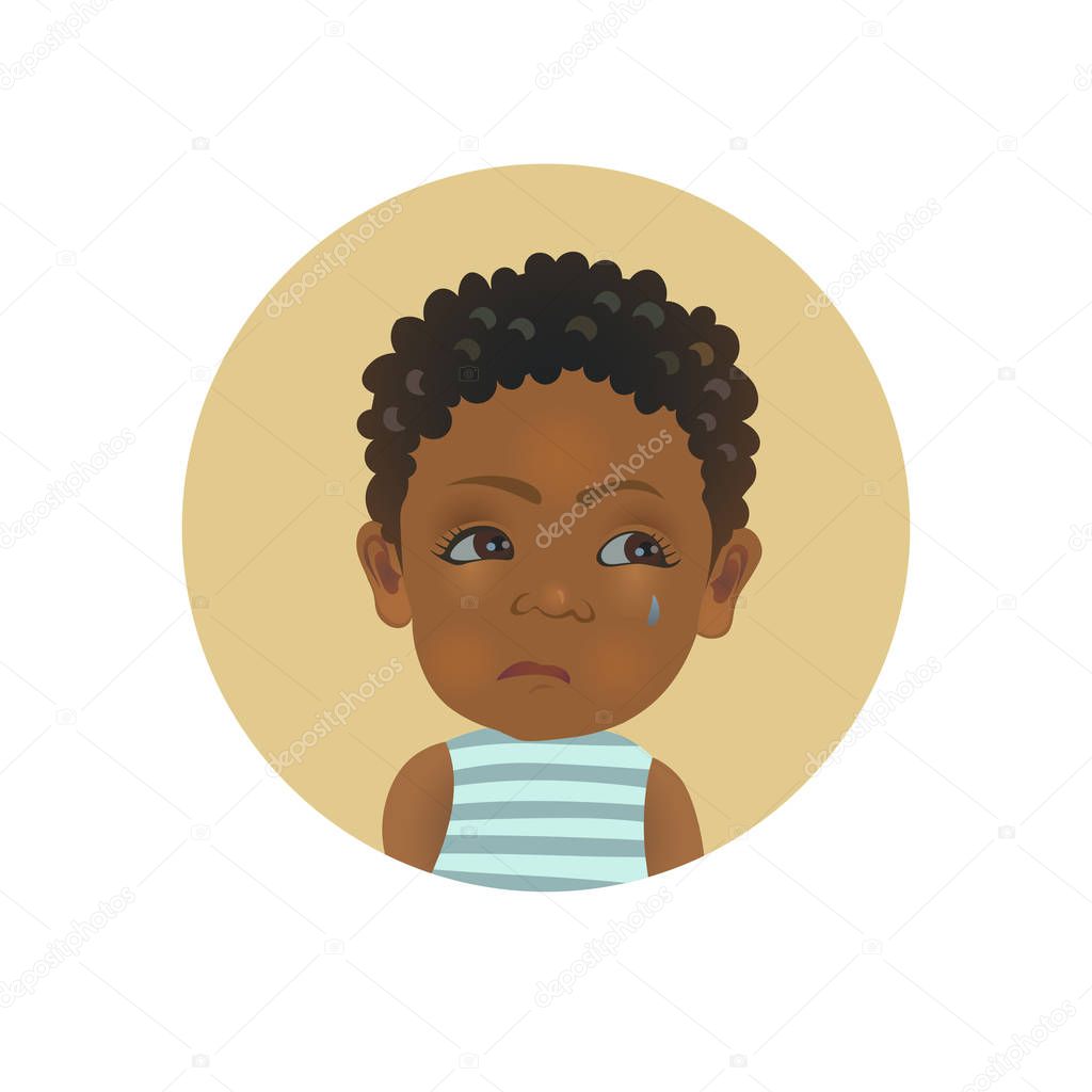 Resentful Afro American child emoticon. Cute African offended baby emoji. Discontent dark-skinned toddler smiley facial expression avatar.