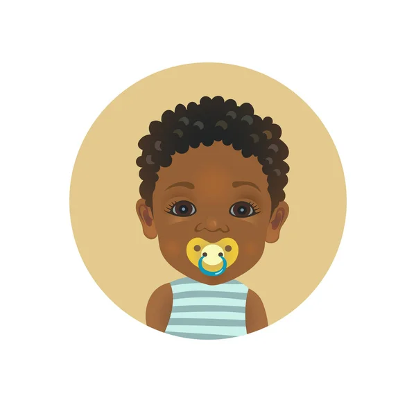 可爱的美国黑人婴儿与安抚奶嘴的表情。非洲儿童用奶嘴表情符号。黑皮肤的幼儿与假面部表情头像 — 图库矢量图片