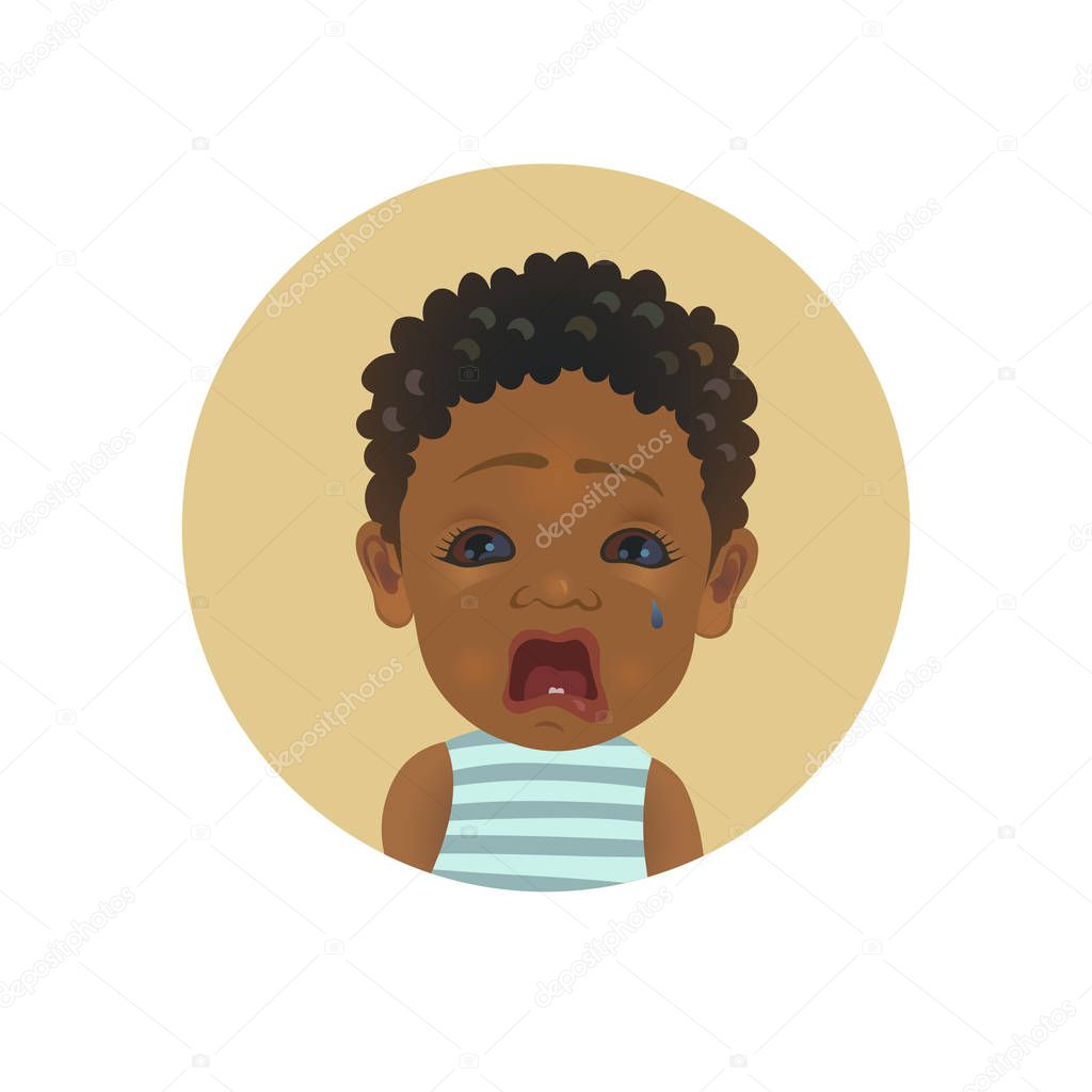 Cute Afro American crying baby emoticon. Tearful African child emoji. Weeping dark-skinned kid smiley. Painful facial expression avatar.